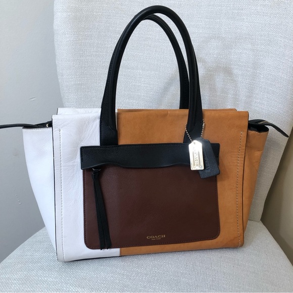 Coach Handbags - Coach Bleecker Brown Black White Colorblock Riley Carryall Tote Handbag